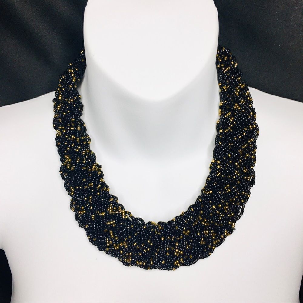 Sead Beads Braided Boho Black gold Brass Necklace 4408